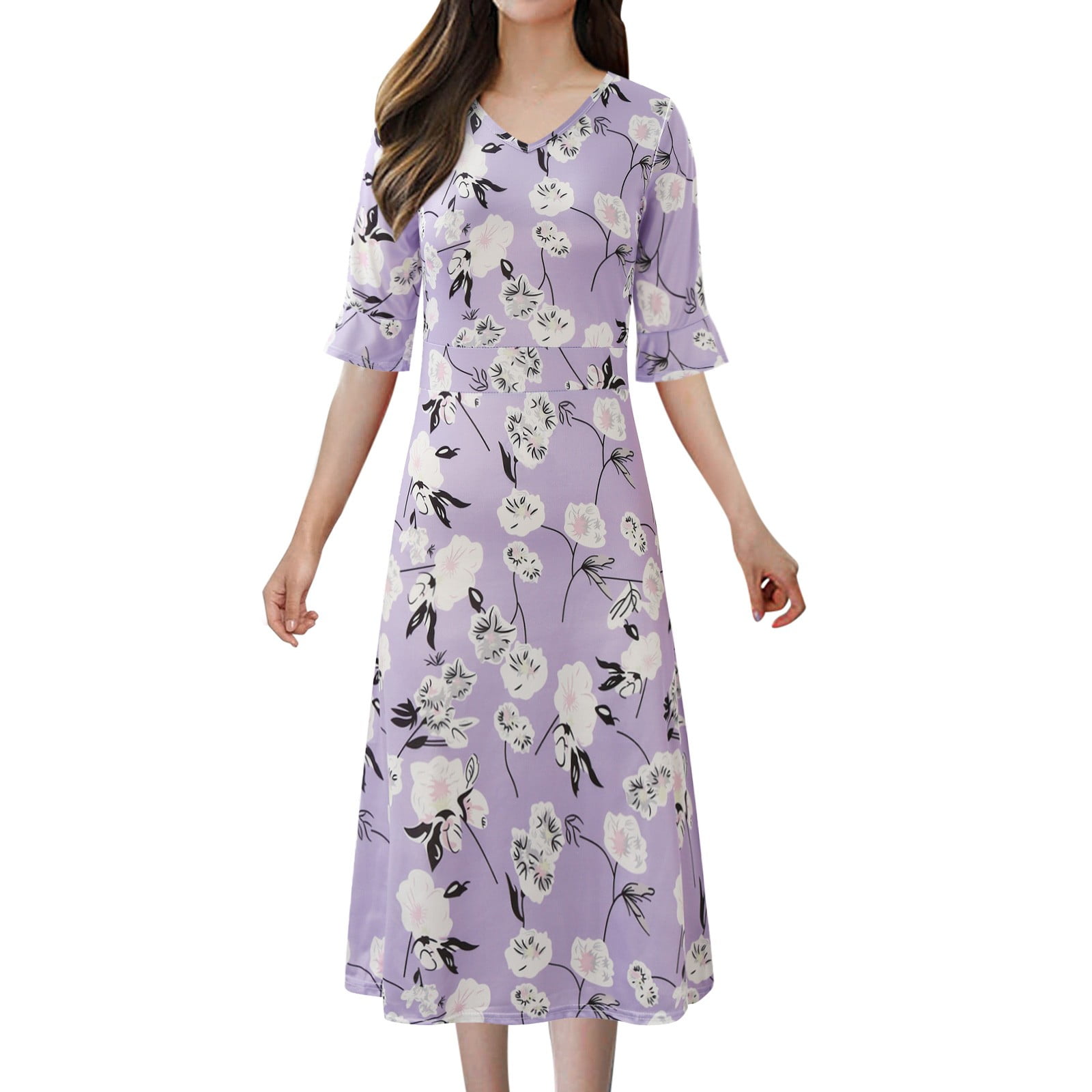 Womens Casual Dress Casual Loose Flower Dress Short Sleeve Long Version ...