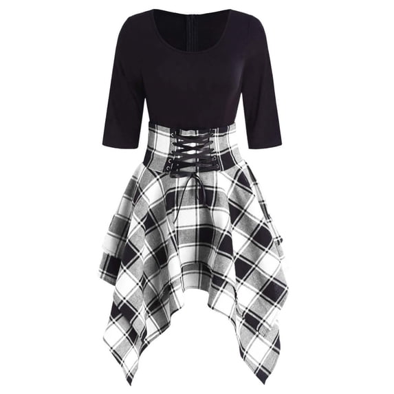 Womens Casual Tennis Dress Distinctive Asymmetrical Lace Up Print O Neck Plaid Dress for Modern Everyday Wear Gray M