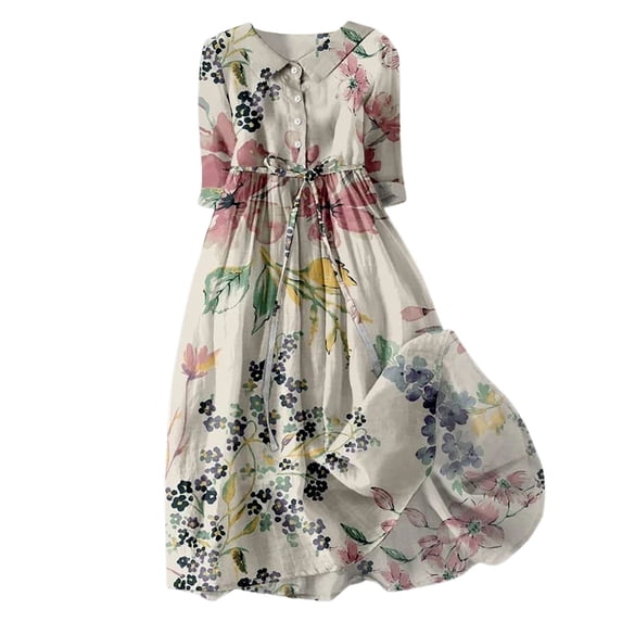 Womens Casual Dress Korean Style Dresses Lace Up Waist Defined Shirt Midi Dress Summer Half Sleeve Trendy A Line Dress