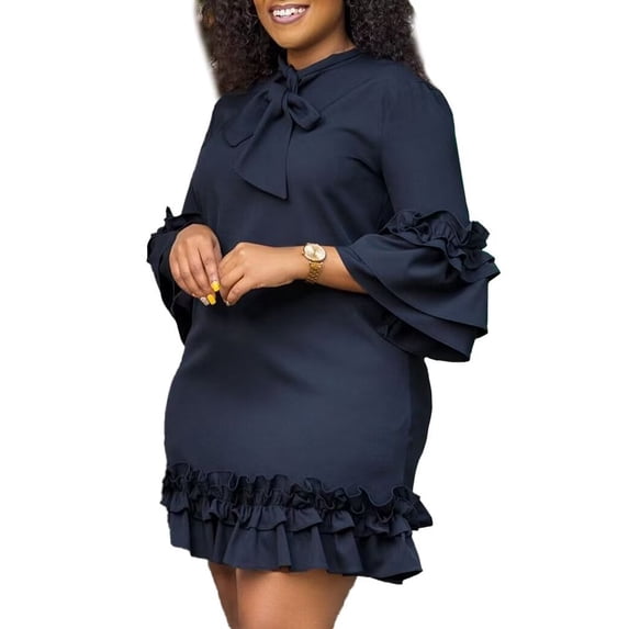 Womens Casual Dress Long Flounce Sleeve Sexy Dress Ruffle A-Line Mini Dress