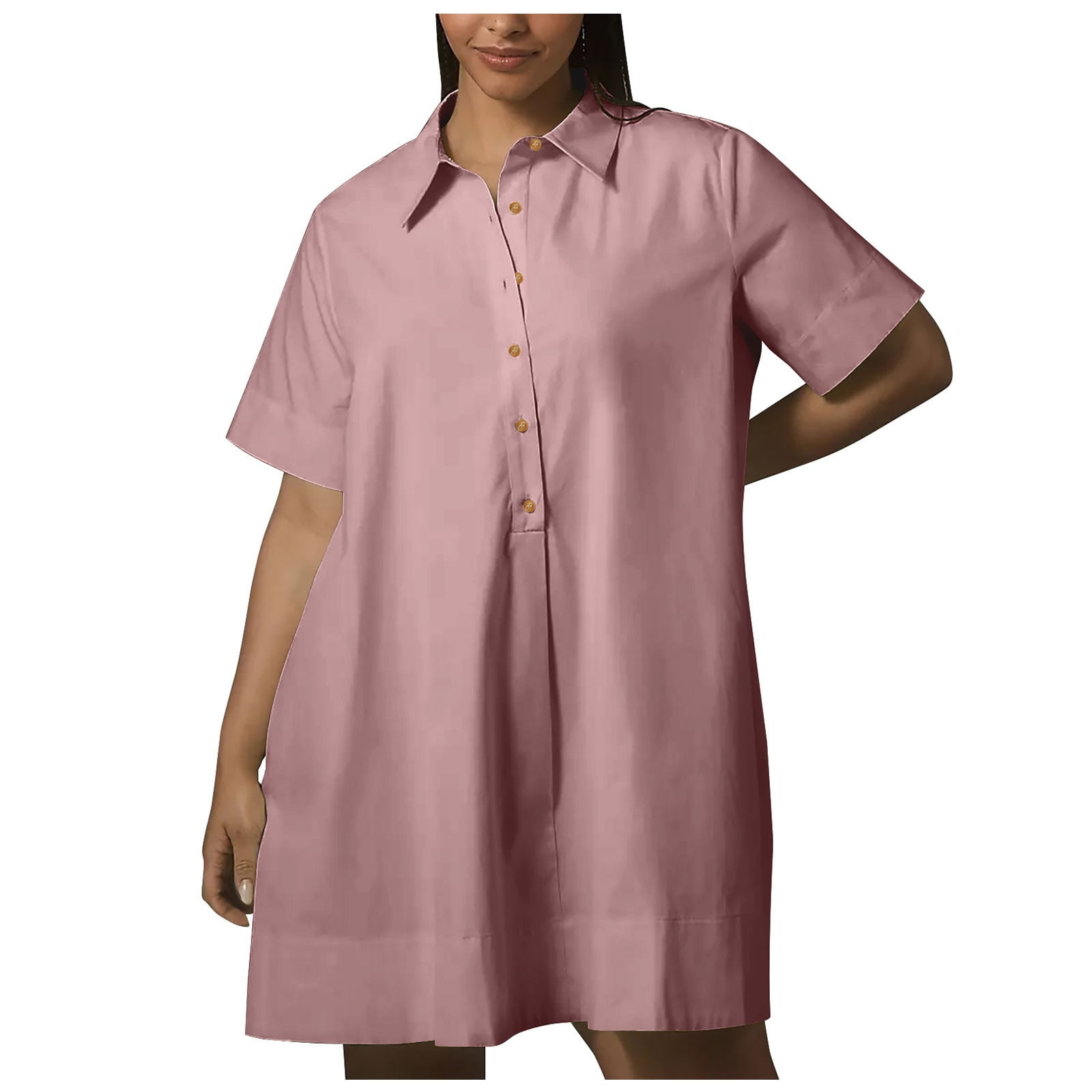 Casual Button Down Cotton Shirt Dress with Pockets