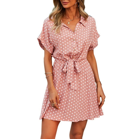 Womens Casual Dress Short Sleeves Button Up Polka Dot Printed Tie Waist Mini Dresses
