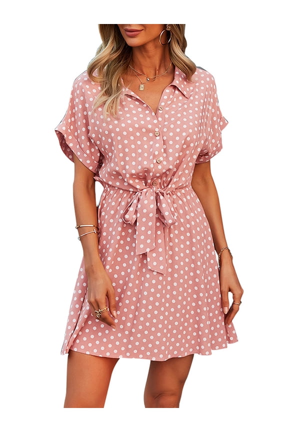 Womens Casual Dress Short Sleeves Button Up Polka Dot Printed Tie Waist Mini Dresses