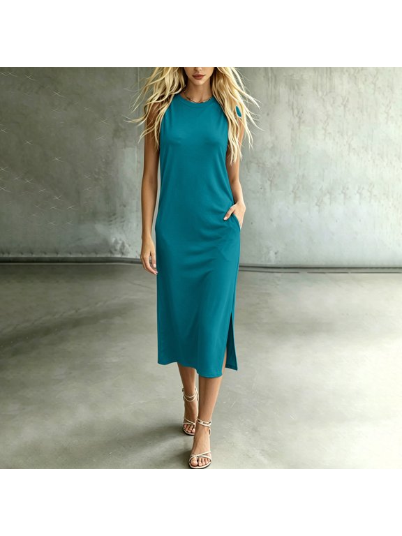 Womens Casual Dress, Sleeveless Maxi Dress, Round Neck Dress, Loose Fit Slit Dress with Pockets Summer Travel Beach Daily Wear Flowing Long Sundress