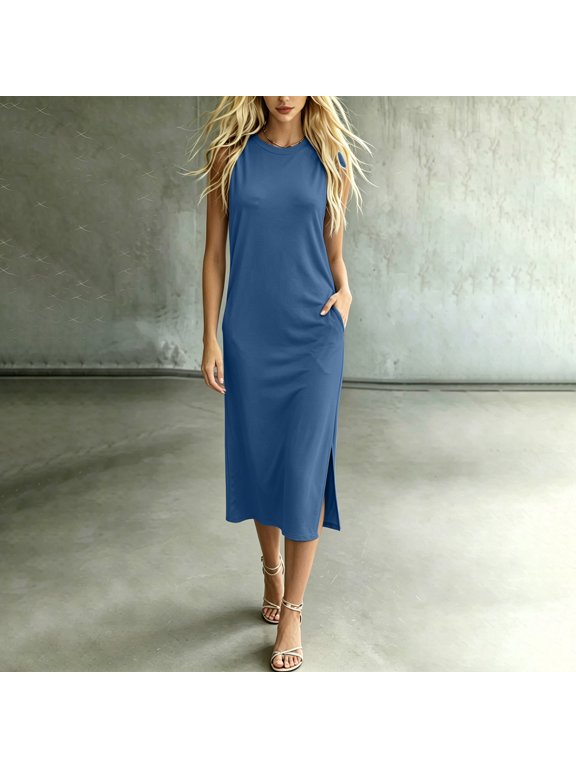 Womens Casual Dress, Sleeveless Maxi Dress, Round Neck Dress, Loose Fit Slit Dress with Pockets Summer Travel Beach Daily Wear Flowing Long Sundress