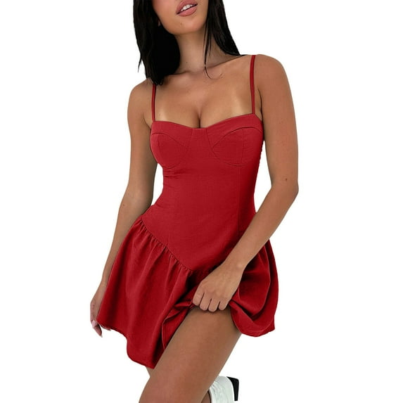 Womens Casual Dress Solid Color Short Skirt Halter Top Style Ruffled Solid Color Dress