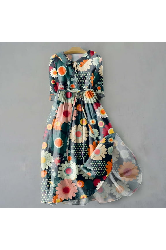 Womens Casual Dress for Summer Short Sleeve Pleated Dress Loose Flowy Beach Dress Flare Midi Sundress