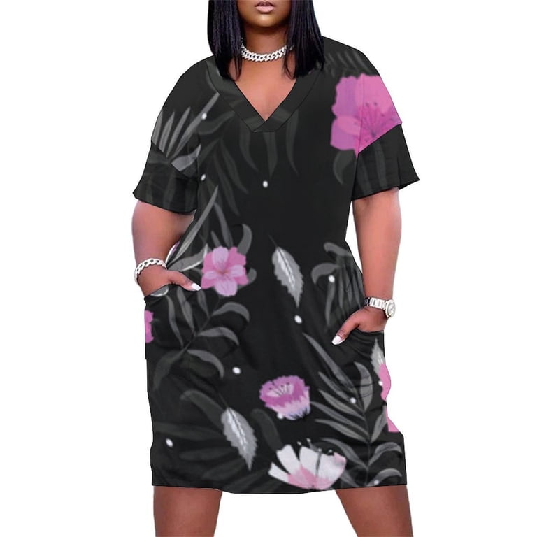 pink and black casual dresses Womens Casual Dresses Black Background Pink Floral Pattern Short Sleeve  Dress Summer Dresses for Women 2025