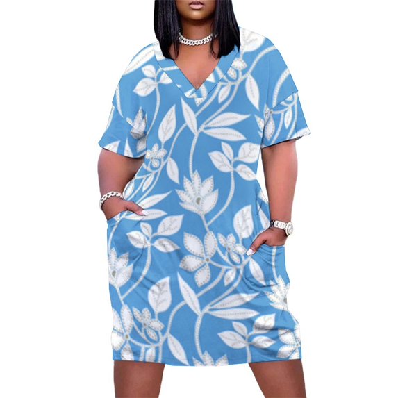 Womens Casual Dresses Blue Background White Floral Pattern Short Sleeve Dress Summer Dresses for Women 2025