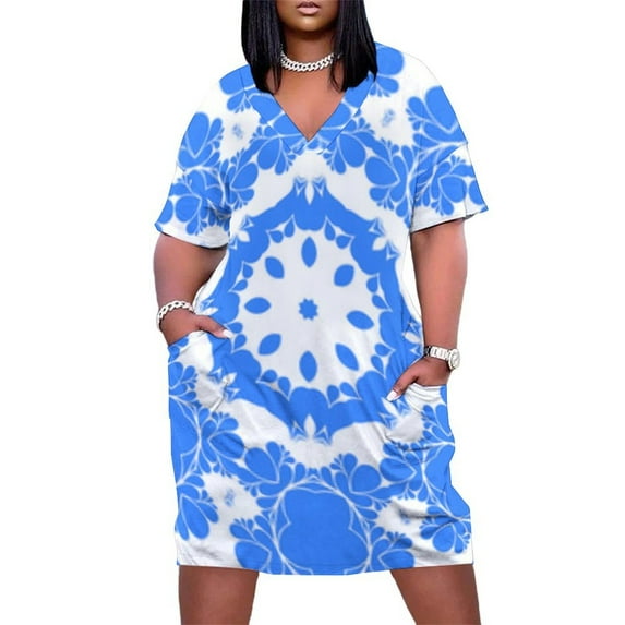 Womens Casual Dresses Blue White Floral Kaleidoscope Pattern Short Sleeve Dress Summer Dresses for Women 2025