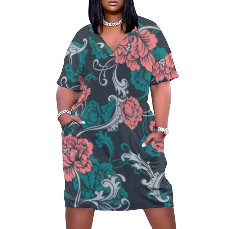 Womens Casual Dresses Floral Pattern Dark Teal Pink Flowers Short Sleeve  Dress Summer Dresses for Women 2025