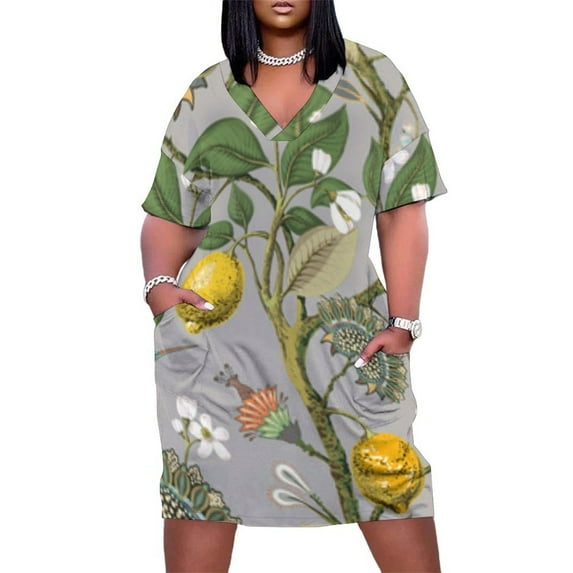 Womens Casual Dresses Grey Floral Lemon Hummingbird Print Short Sleeve Dress Summer Dresses for Women 2025