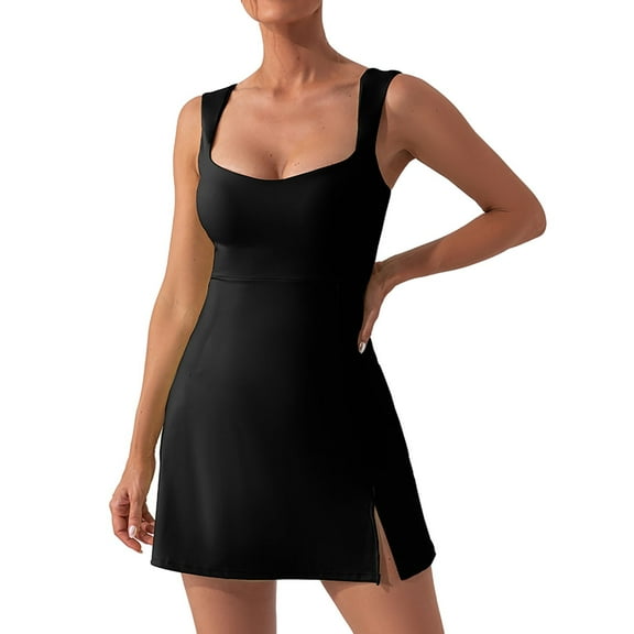 Womens Casual Dresses Ladies Sexy Spaghetti Straps Solid Color Yoga Tennis Skirt Breathable Outdoor Sports Dress Womens Dresses Black L