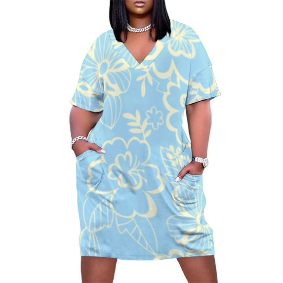 Womens Casual Dresses Light Blue Cream Floral Pattern Short Sleeve Dress Summer Dresses for Women 2025