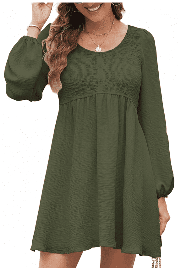 Casual Dresses for Women, Fall Winter A-Line Midi Dresses for Women 2025 Crewneck Button Up, Cute Long Sleeve Dress for Women