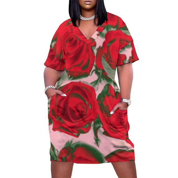 Womens Casual Dresses Red Roses Lush Bouquet Flowers Bloom Short Sleeve Dress Summer Dresses for Women 2025