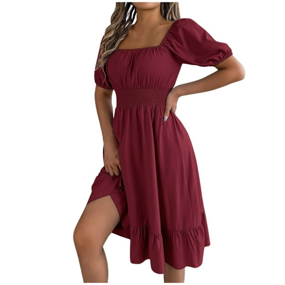 Womens Casual Dresses Spring Summer Square Neck Solid Color Short Sleeve Ruffled A Line Women Dress Holiday Wear