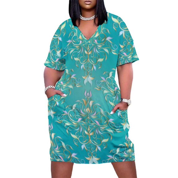 Womens Casual Dresses Teal Floral Damask Seamless Pattern Short Sleeve Dress Summer Dresses for Women 2025