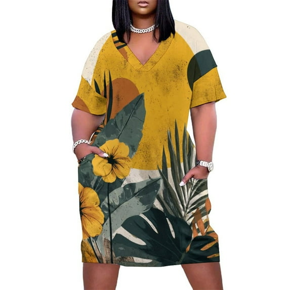 Womens Casual Dresses Tropical Flowers Sun Abstract Art Short Sleeve Dress Summer Dresses for Women 2025