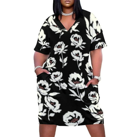 Womens Casual Dresses White Roses Black Background Pattern Short Sleeve Dress Summer Dresses for Women 2025