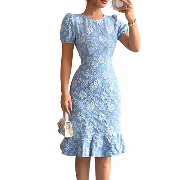 Womens Casual Dresses for Summer Short Sleeve Flare Bodycon Midi Dress Blue M