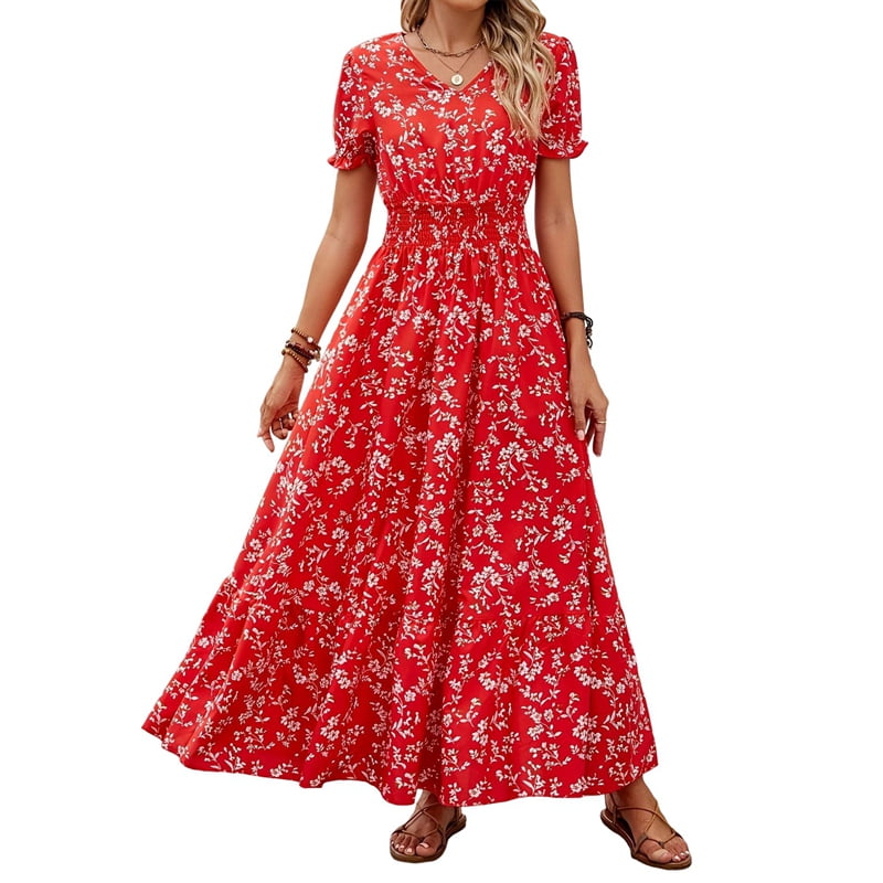 Womens Casual Dresses for Summer Short Sleeve Flare Midi Dress