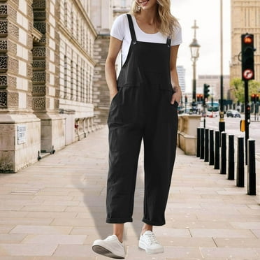 Womens Casual Dungarees Summer Comfy Plain Ladies Jumpsuit Loose Fit Straight Leg Adjustable Straps Overalls with Pocket Sleeveless Baggy One Piece Rompers Pants