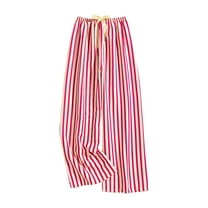 Womens Casual Elastic High Waisted Comforable Pajamas Pants Stripe Soft Straight Leg Drawstring Loose Fitted Trousers