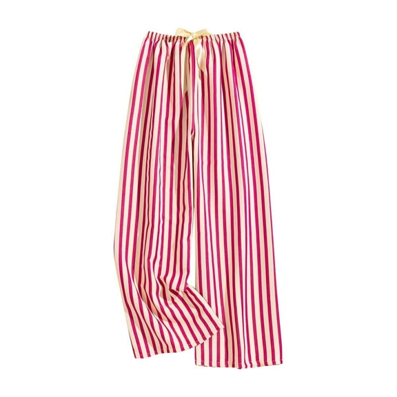 Womens Casual Elastic High Waisted Comforable Pajamas Pants Stripe Soft Straight Leg Drawstring Loose Fitted Trousers