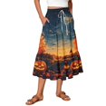 thumbnail image 1 of Womens Casual Elastic Waist Drawstring Midi Skirt Halloween Print Vacation Style A Line Flared Skirt With Pockets, 1 of 6