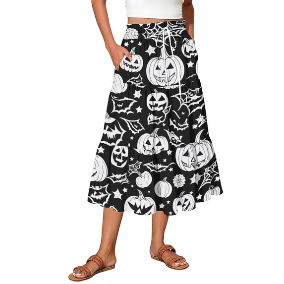 Womens Casual Elastic Waist Drawstring Midi Skirt Halloween Print Vacation Style A Line Flared Skirt With Pockets