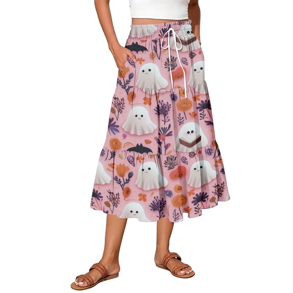 Womens Casual Elastic Waist Drawstring Midi Skirt Halloween Print Vacation Style A Line Flared Skirt With Pockets