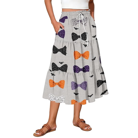 Womens Casual Elastic Waist Drawstring Midi Skirt Halloween Print Vacation Style Ruffle Hem A Line Flowy Skirt