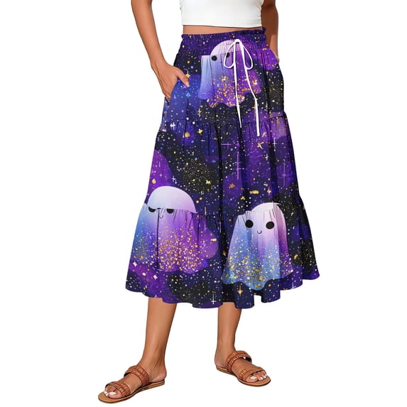 Womens Casual Elastic Waist Drawstring Midi Skirt Halloween Print Vacation Style Ruffle Hem A Line Flowy Skirt