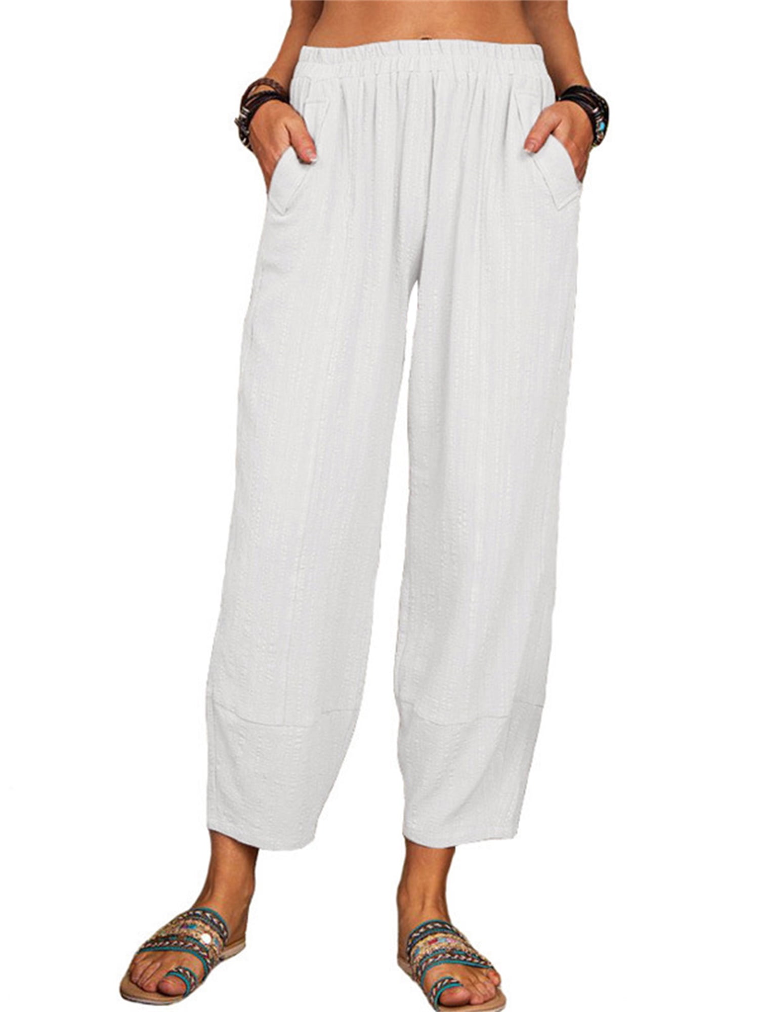 Womens Baggy Harem Pants with Pockets Summer Elastic Waist Solid Jogger  Lantern Pants Comfy Cotton Linen Wide Leg Lounge Pants(XXXL,Beige)