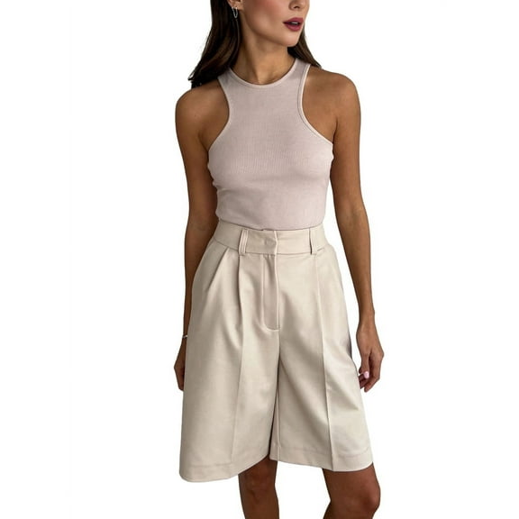 Womens Casual Elastic Waist Wide Leg Suit Tailored Shorts Summer Dressy Work Shorts with Pockets L