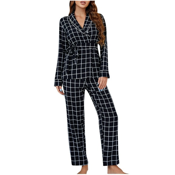 Womens Casual Fall Pajamas Sets Long Sleeve Button Down Shirts Tops with Loose Wide Leg Long Pants PJs Sets Loungewear