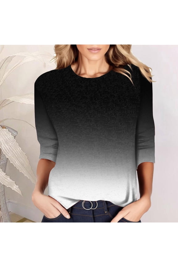 Womens Casual Fashion Gradient Printing O Neck Three Quarter Sleeve Tops T Shirt Blouse Juniors Graphic Tops Layering Tee Long Sleeve Women's Shirt Women Shirts Summer Women's Tee Shirts Summer T
