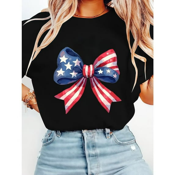 Womens Casual Fashion Graphic Tees Patriotic Bow Flag Pattern Tops Short Sleeve Cotton Tshirts Black,M