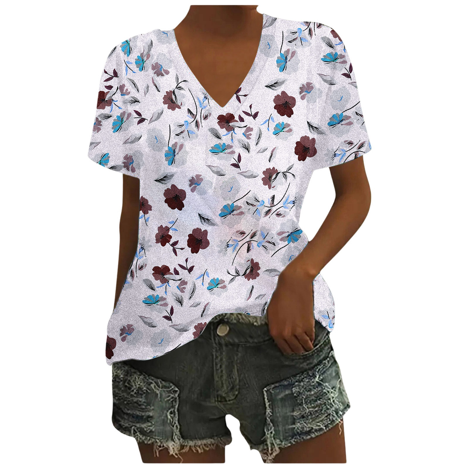Womens Casual Fashion Printed V Neck Short Sleeve Pullover T Shirt ...