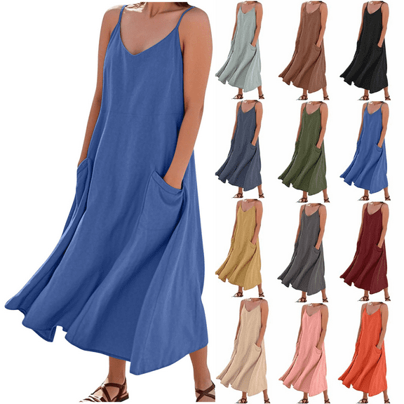 Womens Casual Fashion Sleeveless Dress Blue-Adjustable Suspender with Adjustment Buckle Solid Color Plus Size Loose Sundress M