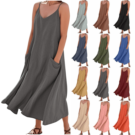 Womens Casual Fashion Sleeveless Dress Gray-Adjustable Suspender with Adjustment Buckle Solid Color Plus Size Loose Sundress 2XL