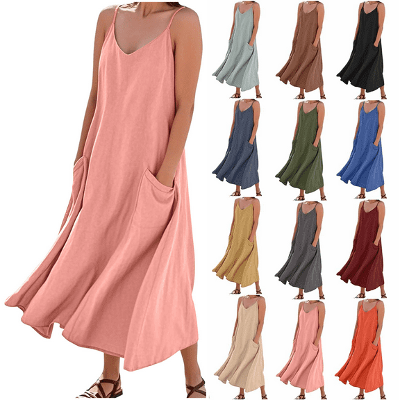 Womens Casual Fashion Sleeveless Dress Pink-Adjustable Suspender with Adjustment Buckle Solid Color Plus Size Loose Sundress 2XL