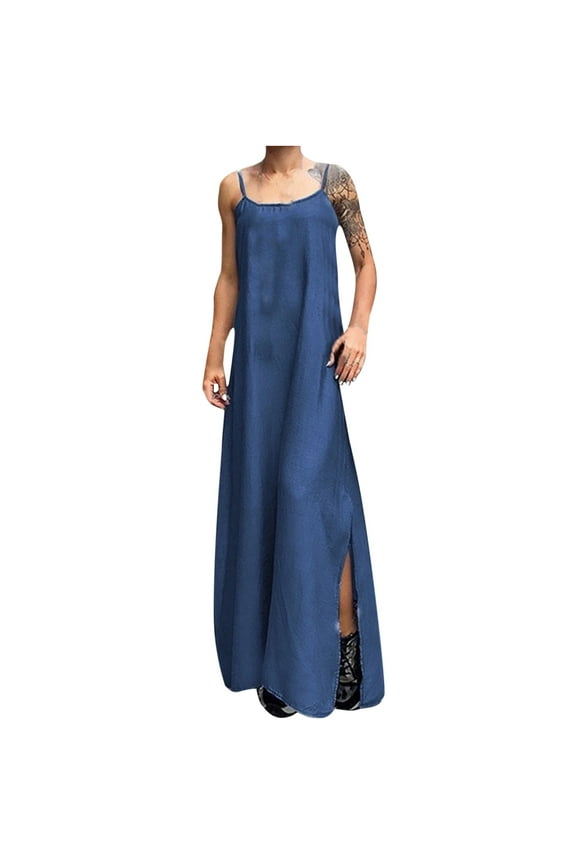 Womens Casual Fashion Suspenders Loose Denim Tube Top Dress Split Long Skirt Summer Boho Floral Sundresses Wedding Guest Graduation Prom Formal Bodycon Cocktail Dresses A519-2718