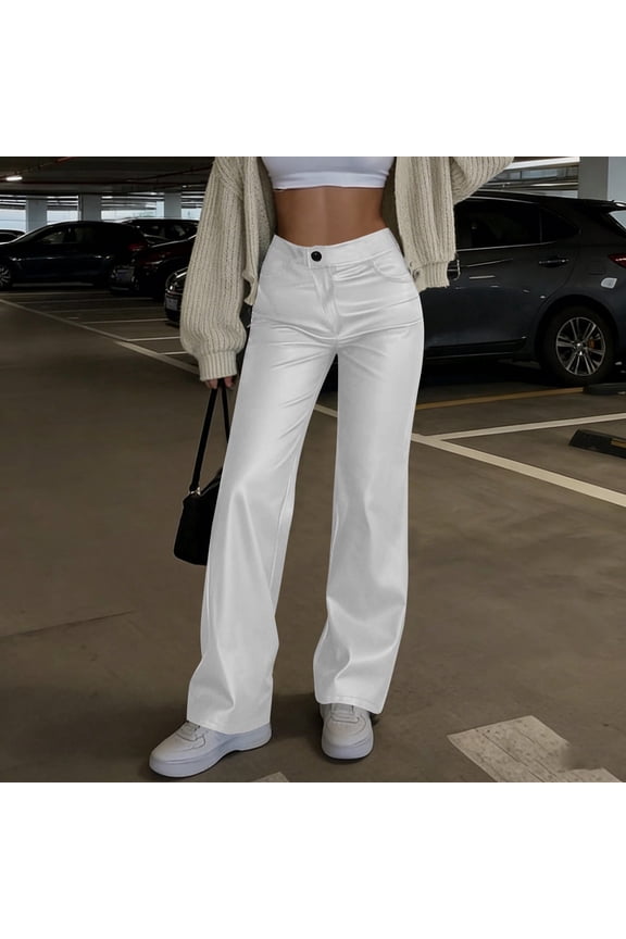 Womens Casual Faux Leather Wide-Leg Pants Solid Color Button Zipper Elastic Waist Side Pockets Stretchy Relaxed Fit Daily Office Weekend Fall Winter Fashion Ladies Wear White S
