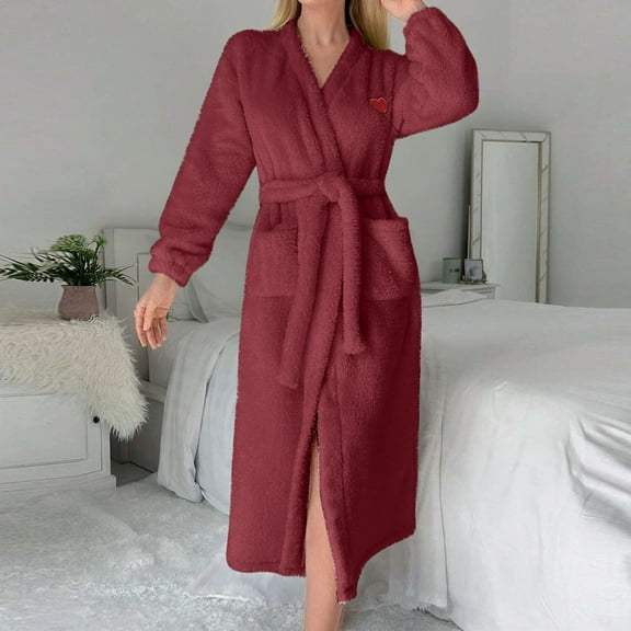 Womens Casual Flannel Pajama Bathrobe, Winter Soft Long Sleeve Sleepwear Robe Loose Comfy Thermal Home Wear Nightgown New Night Gown for Women Soft Comfortable Wine XXL