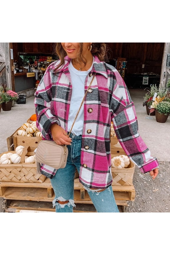 2024 Plaid Shacket Jacket Women Casual Plus Size Flannel Wool Lapel Button Down Cardigan Long Sleeve Jacket Coat Winter Outwear with Pockets