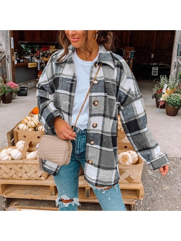2024 Flannel Plaid Shacket Jacket for Women Long Sleeve Button Down Shirt Coat Fashion Wool Blend Outwear Corduroy Blouse Tops
