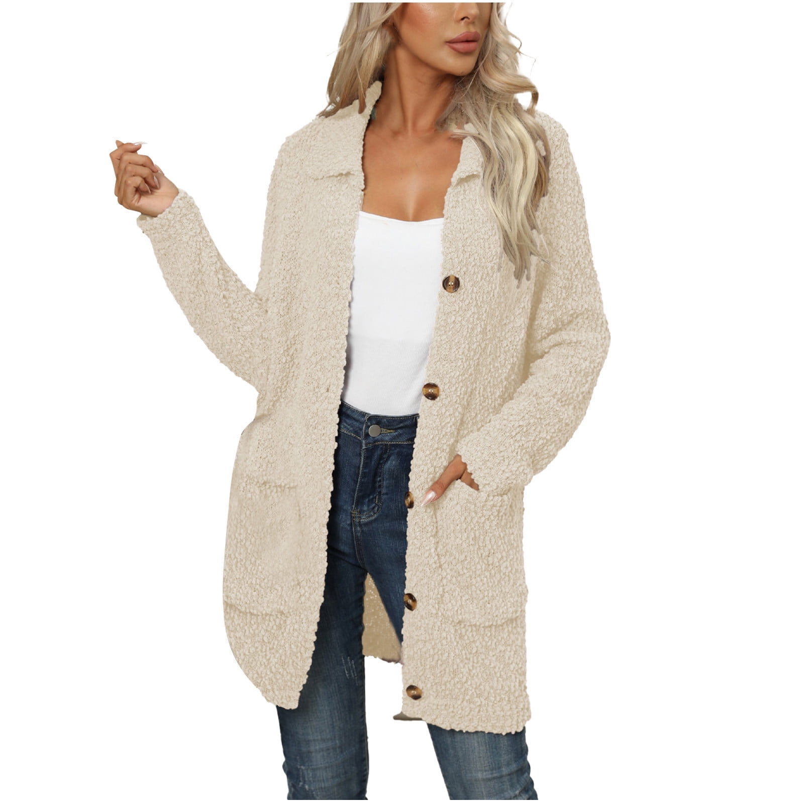 Womens Casual Fleece Mid Long Sweater Cardigans with Pockets Collared Lightweight Soft Warm Fashion Long Jacket Large Beige Walmart