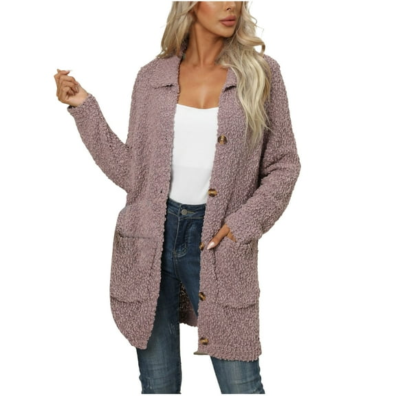 Womens Casual Fleece Mid Long Sweater Cardigans with Pockets Collared Lightweight Soft Warm Fashion Long Jacket (Small, Purple)